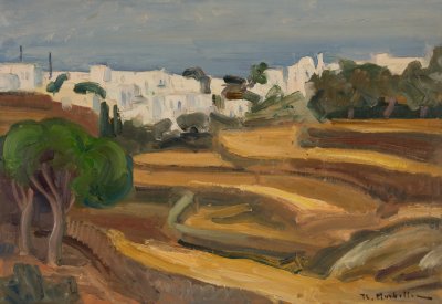 Sifnos Fields, Houses (with Palette Knife) — Oil painting, Fiberboard, 38.00×55.00cm — Theodoros Markellos